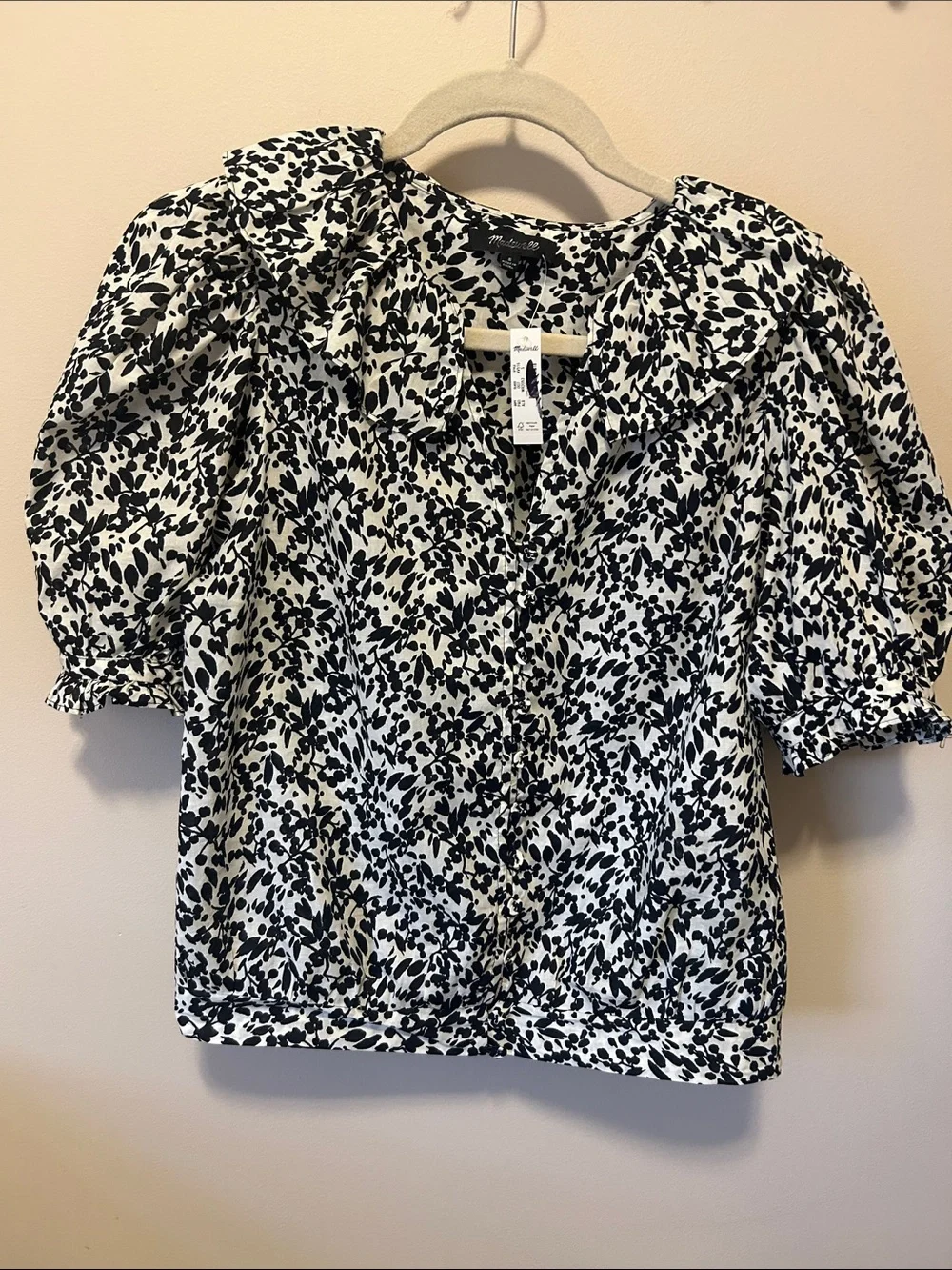 Madewell Black & Cream Floral Puff-Sleeve Blouse